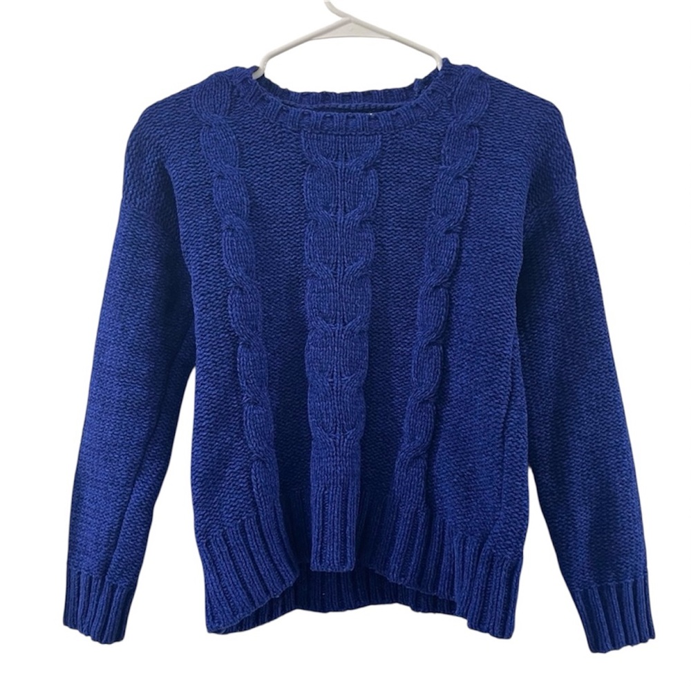 Girls’ sz XL Thick Warm Cable Knit Crew Neck Sweater Indigo Blue Purple Winter
